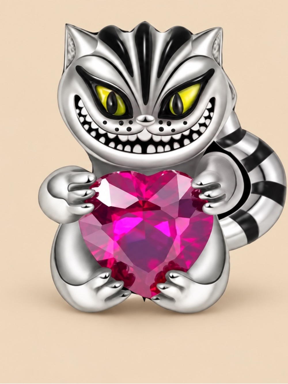 Cheshire Cat Heart Charm - Silver Tone with Pink Gem